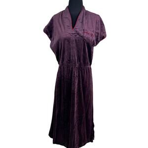 Vintage 70s Purple Crushed Velvet Midi Dress Red Piping Vampy Hostess Loungewear